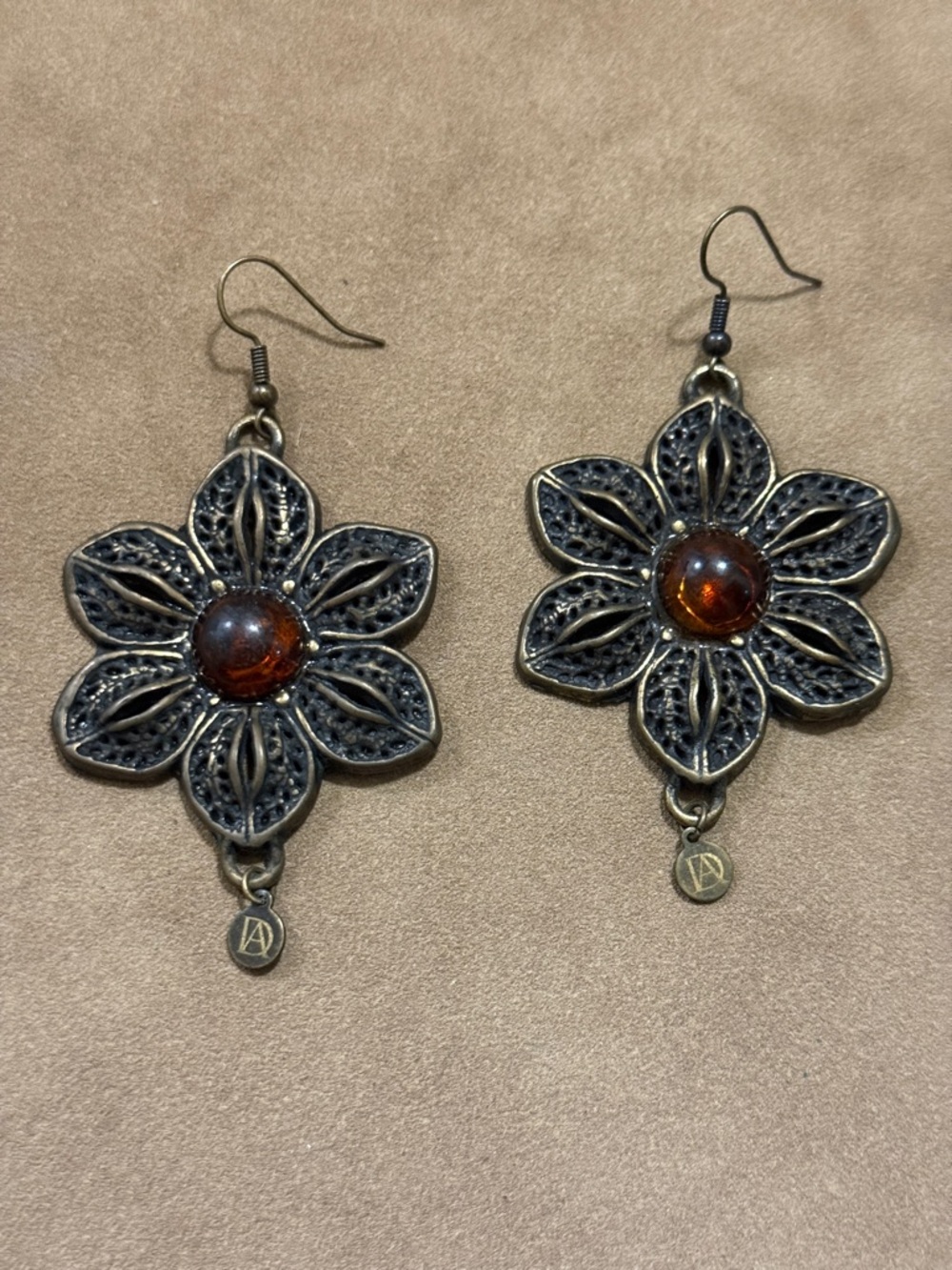 Vintage-Inspired Floral Amber Drop Earrings - Brown